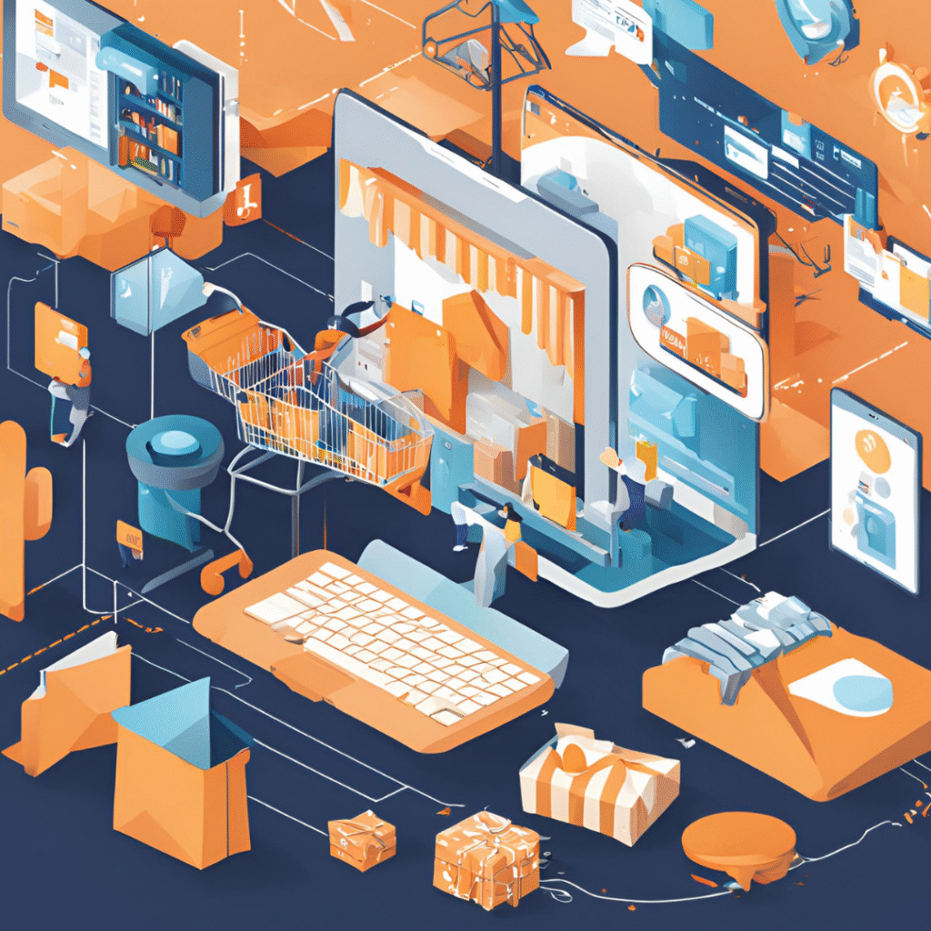 A dynamic e-commerce landscape with multiple online shopping platforms displayed on digital devices, highlighting the contrast between Amazon and other opportunities. Vibrant arrows point from Amazon to other platforms like Shopify, eBay, and Walmart, symbolizing the diversification of sales channels. Shoppers are seen engaging with various apps, representing the vast potential and new opportunities in the e-commerce market. 🌐📦💼